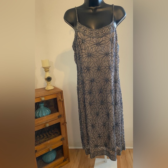 👗Pape’ll Boutique Evening Beaded Sequin Floral Dress. Color: Grey/Blue. Size:14 - Picture 1 of 7